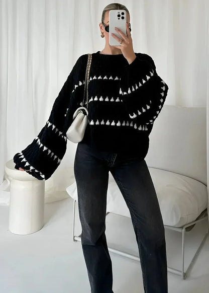 Round Neck Balloon Sleeve Textured Knit Sweater