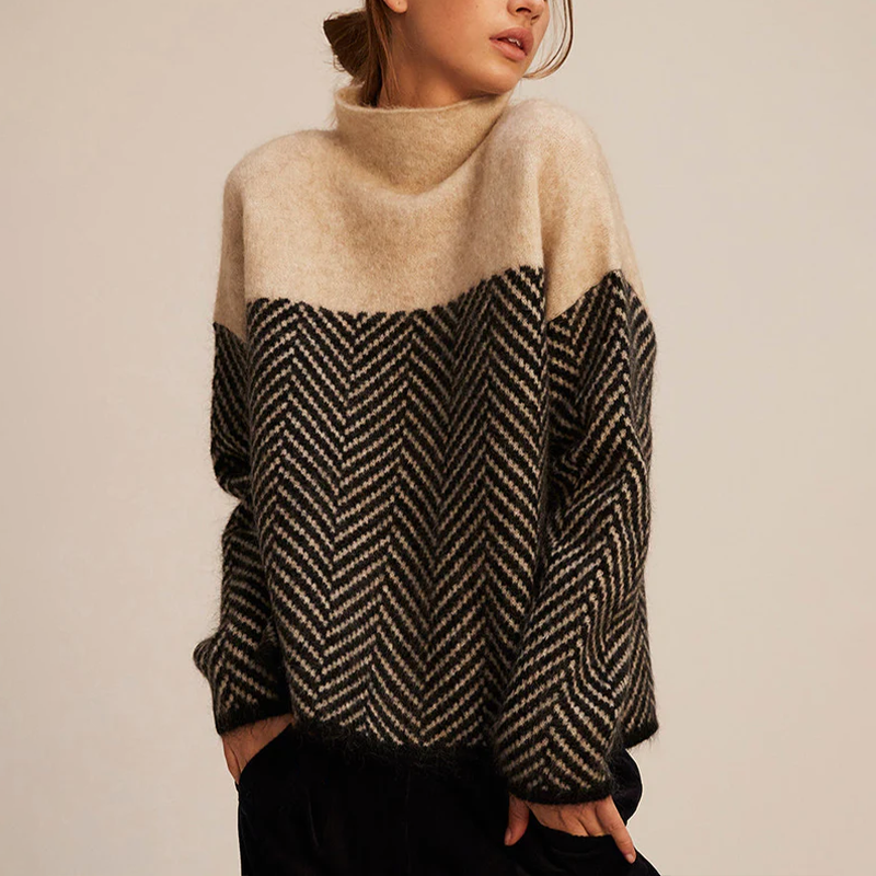 Sweater with High Turtleneck, Chevron Knit, and Long Sleeves