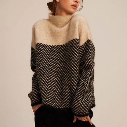 Sweater with High Turtleneck, Chevron Knit, and Long Sleeves