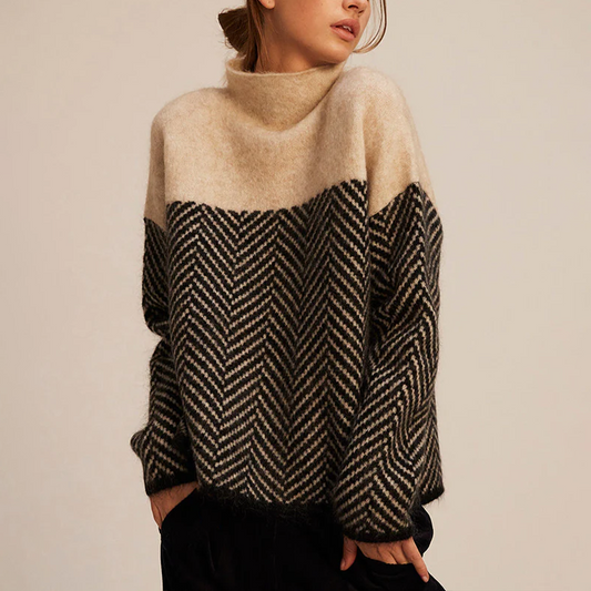 Sweater with High Turtleneck, Chevron Knit, and Long Sleeves