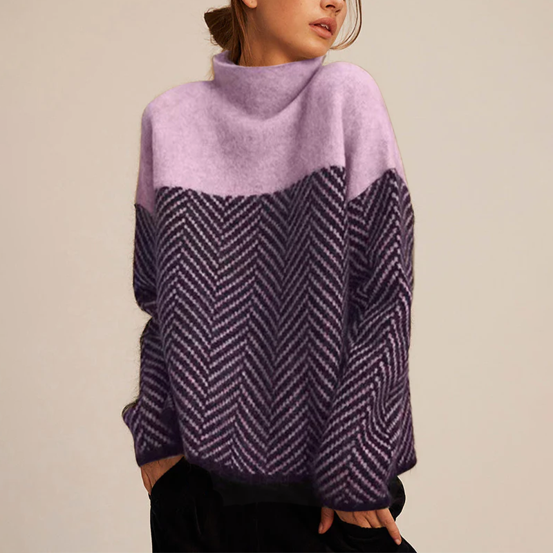 Sweater with High Turtleneck, Chevron Knit, and Long Sleeves