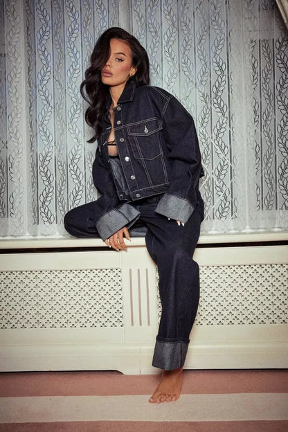Cropped Denim Jacket and Wide-Leg Denim Trousers Set with Oversized Cuffs and Button Closure