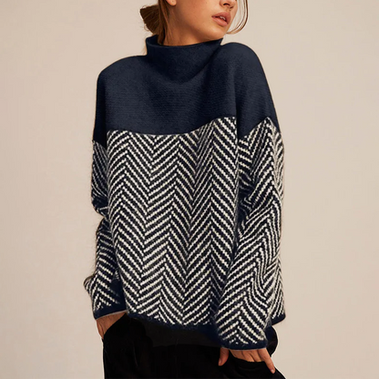 Sweater with High Turtleneck, Chevron Knit, and Long Sleeves