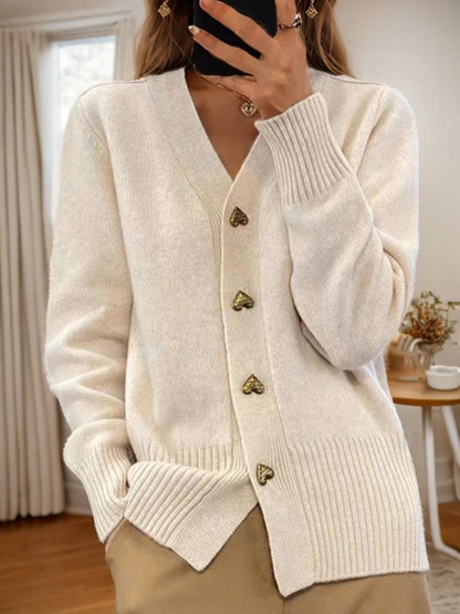 V-Neck Cardigan with Heart Button-Front Closure and Ribbed Trims