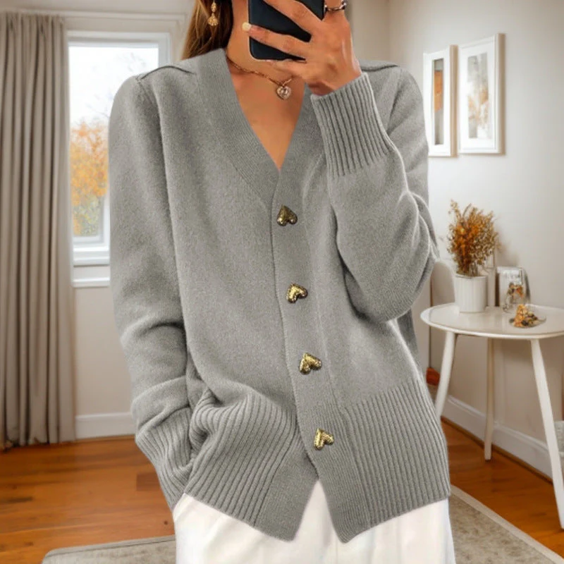 V-Neck Cardigan with Heart Button-Front Closure and Ribbed Trims