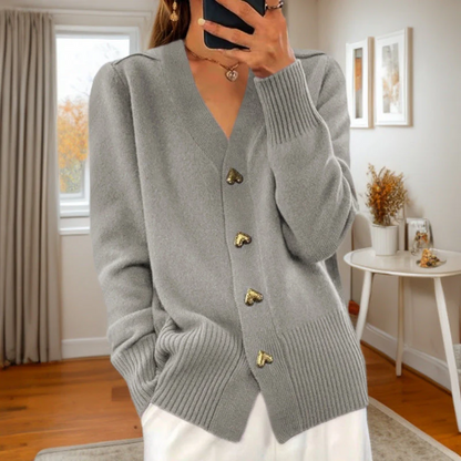 V-Neck Cardigan with Heart Button-Front Closure and Ribbed Trims