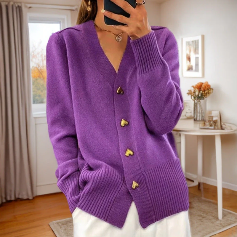 V-Neck Cardigan with Heart Button-Front Closure and Ribbed Trims
