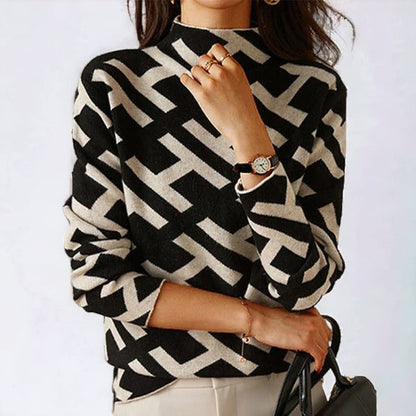 Long-Sleeve Pullover Sweater with Mock Neck and Geometric Pattern