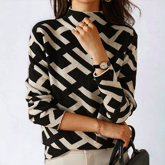 Long-Sleeve Pullover Sweater with Mock Neck and Geometric Pattern