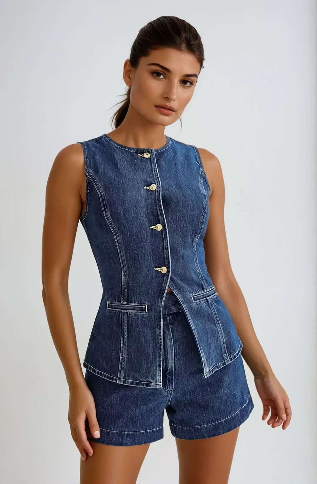Denim Set with Round Neckline and Gold Button Closure