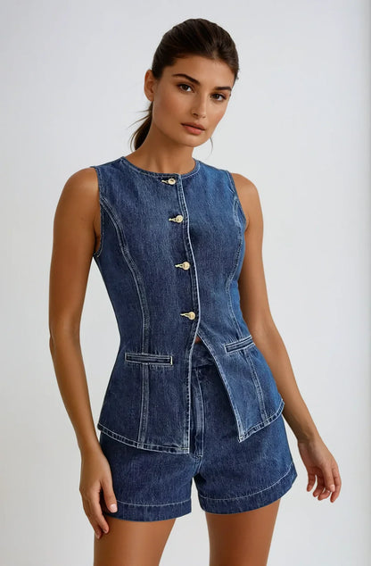 Denim Set with Round Neckline and Gold Button Closure
