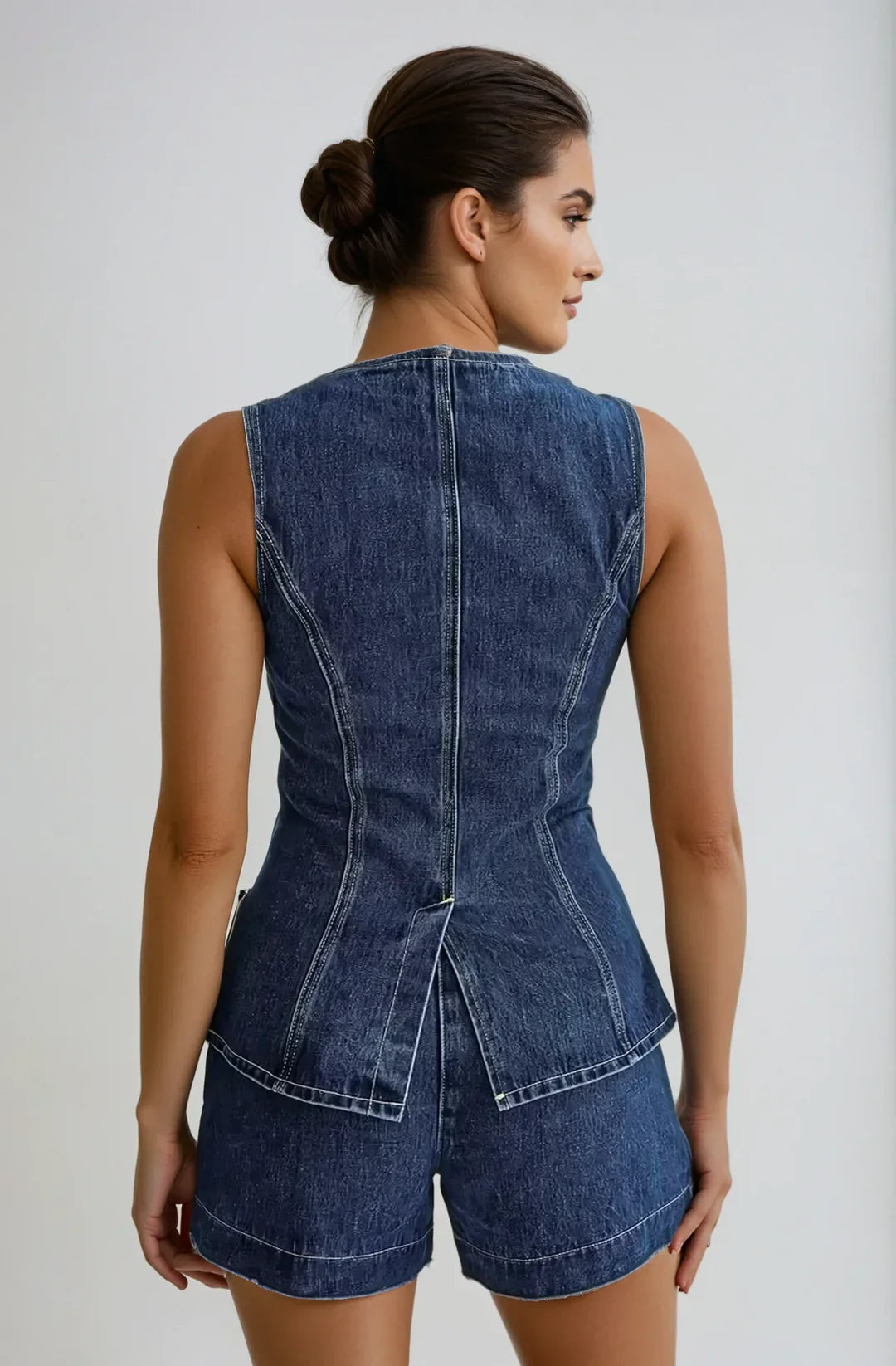 Denim Set with Round Neckline and Gold Button Closure