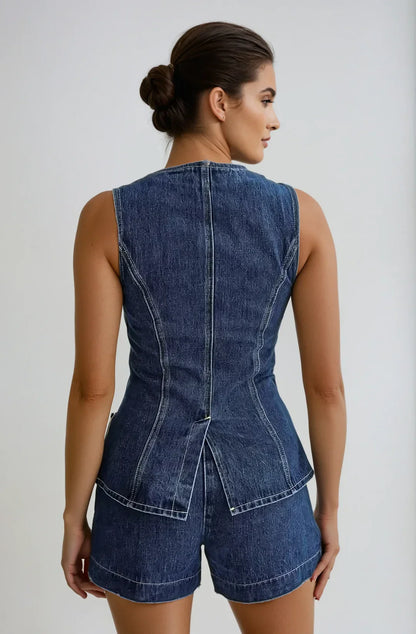 Denim Set with Round Neckline and Gold Button Closure