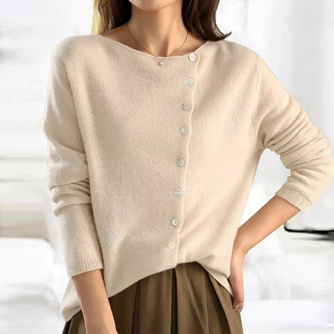Asymmetric Button Cardigan with Boat Neck and Long Sleeves