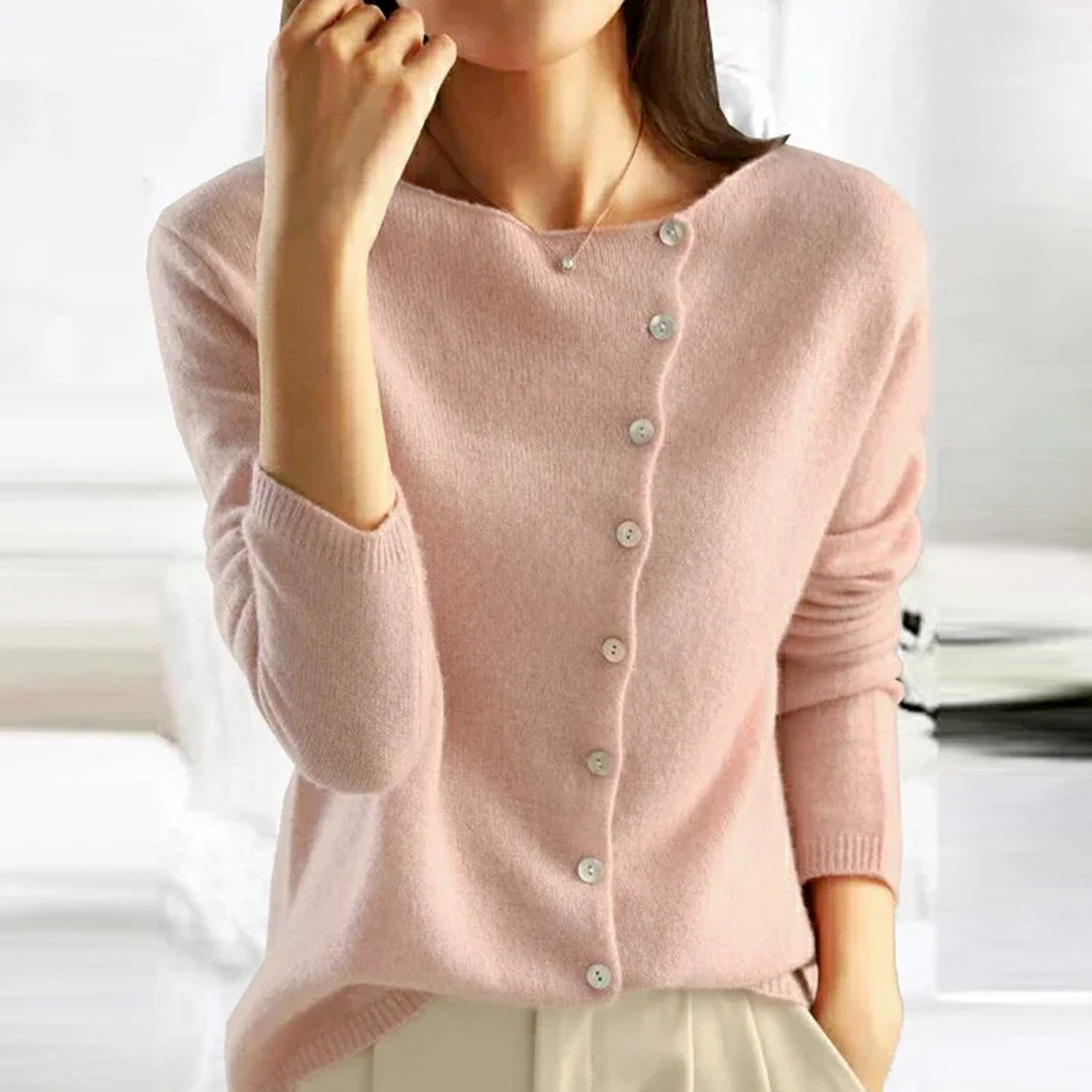 Asymmetric Button Cardigan with Boat Neck and Long Sleeves