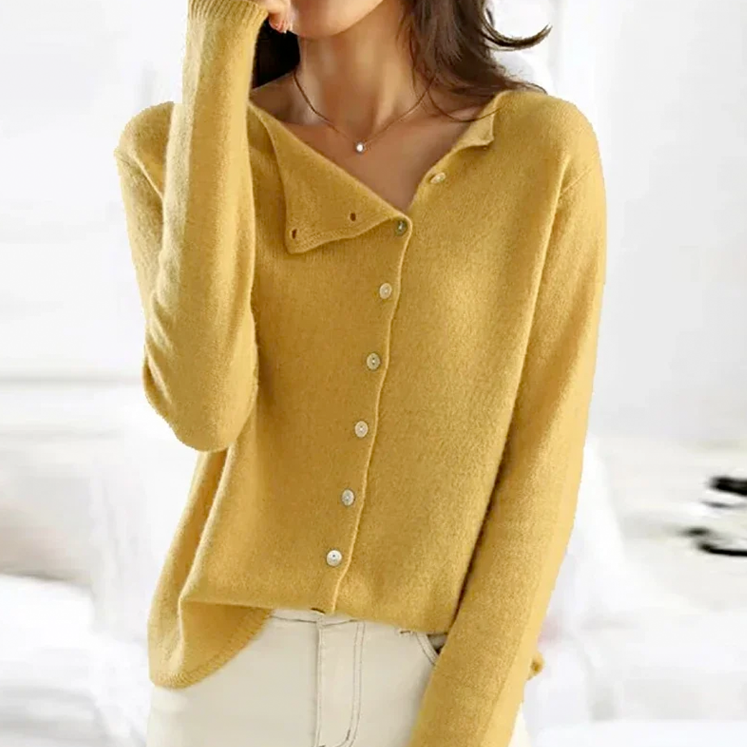 Asymmetric Button Cardigan with Boat Neck and Long Sleeves