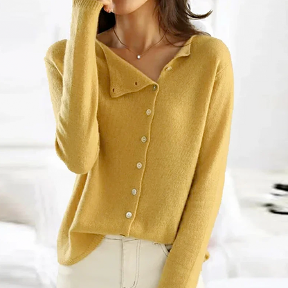 Asymmetric Button Cardigan with Boat Neck and Long Sleeves