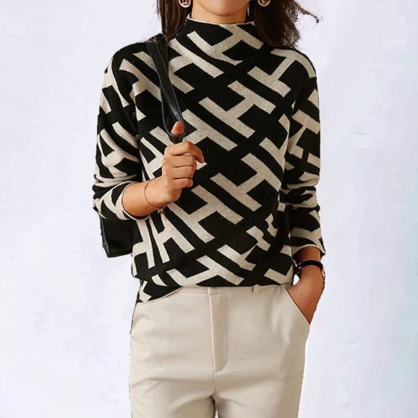 Long-Sleeve Pullover Sweater with Mock Neck and Geometric Pattern
