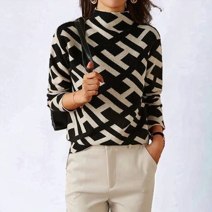 Long-Sleeve Pullover Sweater with Mock Neck and Geometric Pattern