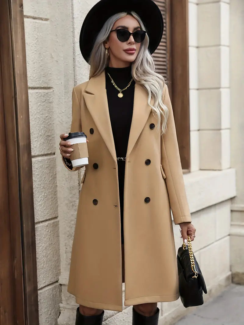 Notched Lapel Double-Breasted Coat with Long Sleeves and Midi Length
