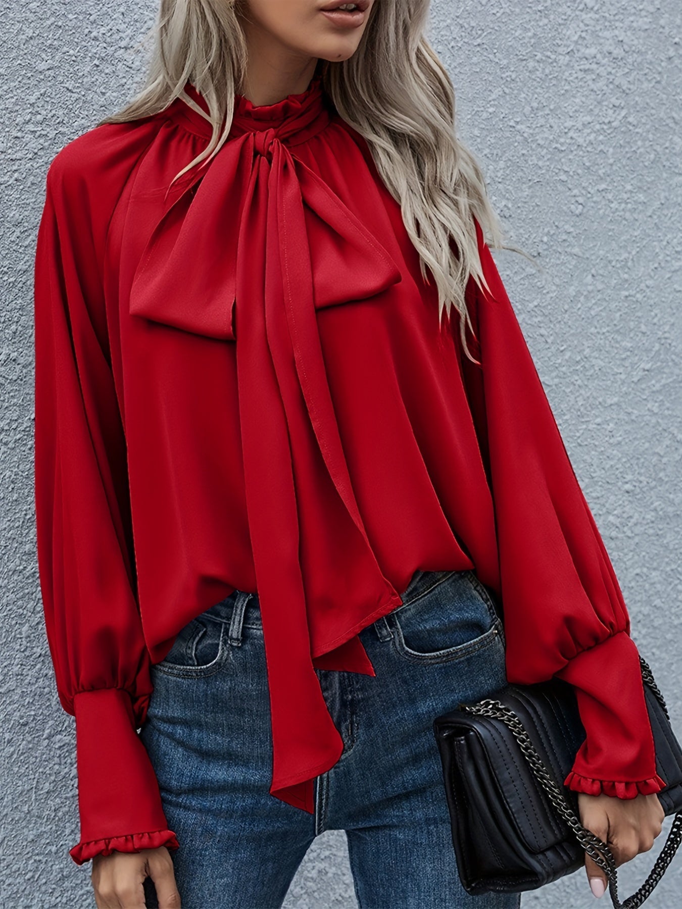 Tie-Neck Blouse with Ruffled Collar and Long Bishop Sleeves