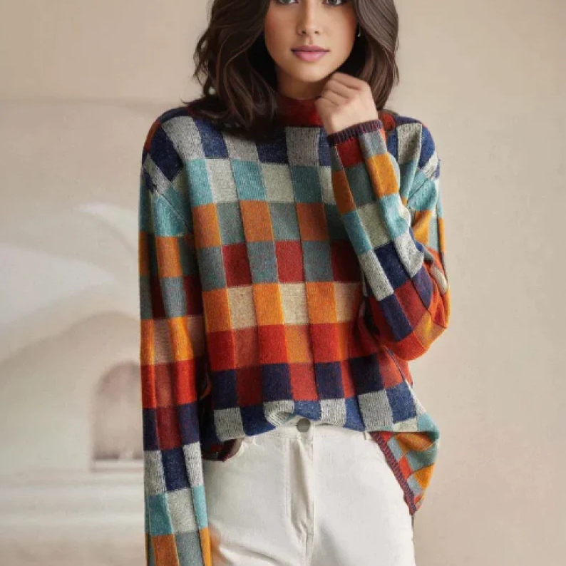 Check Pattern Sweater with Mock Neckline and Split Side Hem