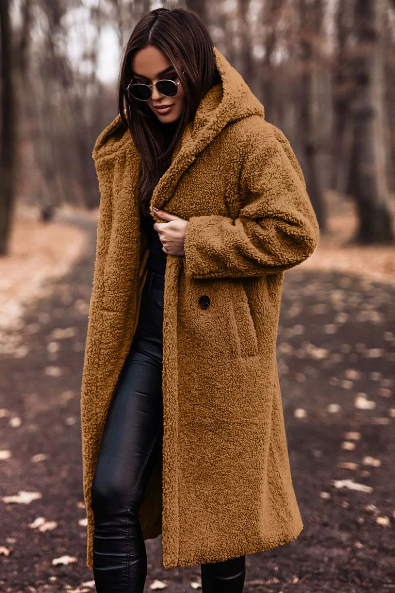 Long Teddy Coat with Hood and Button Closure
