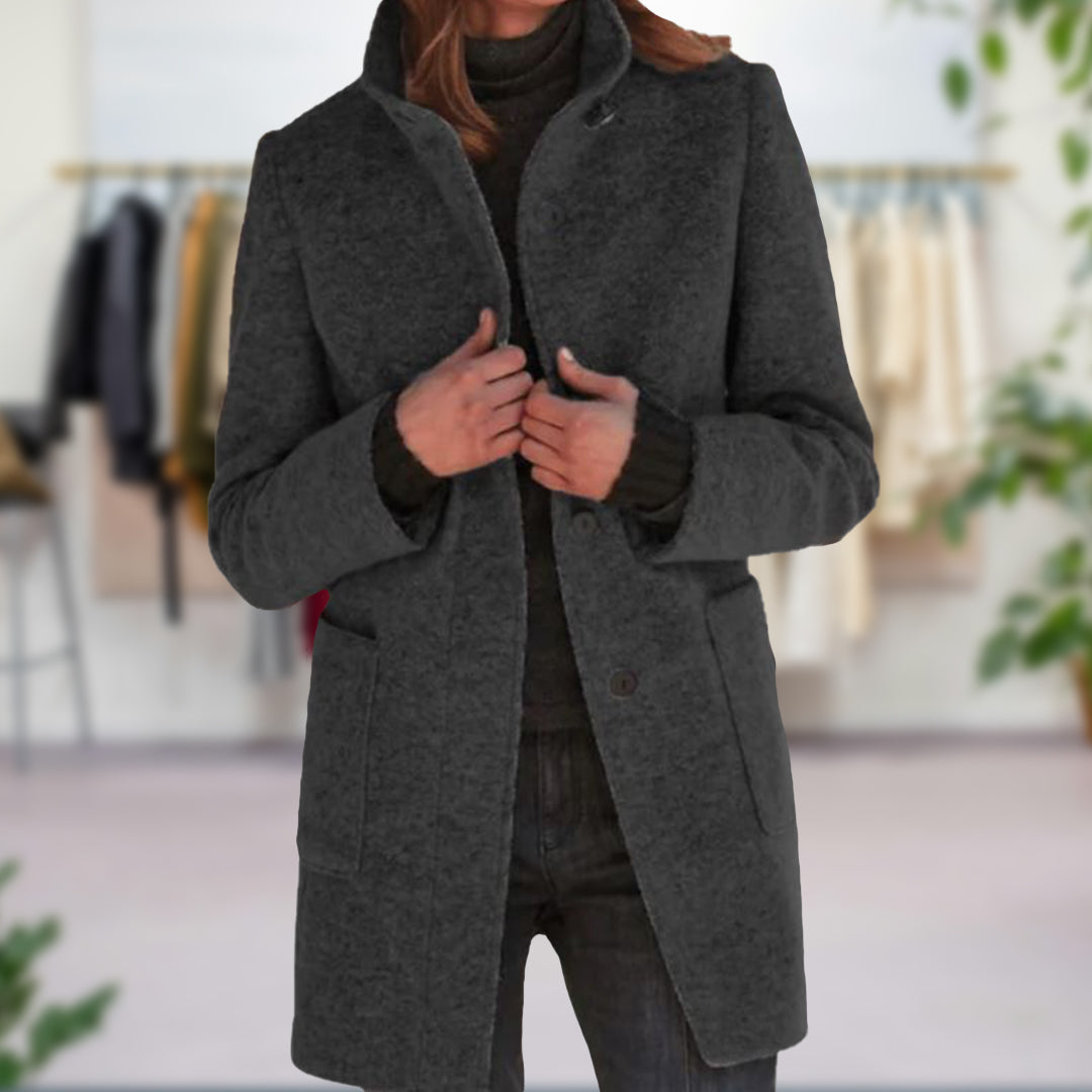 Single-Breasted Coat with High Neck Collar and Patch Pockets