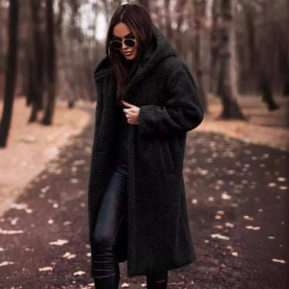 Long Teddy Coat with Hood and Button Closure