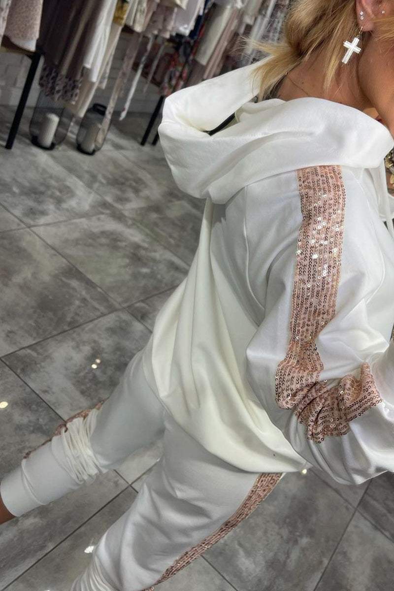 Hooded Tracksuit Set with Sequin Side Stripe and Elasticated Cuffs