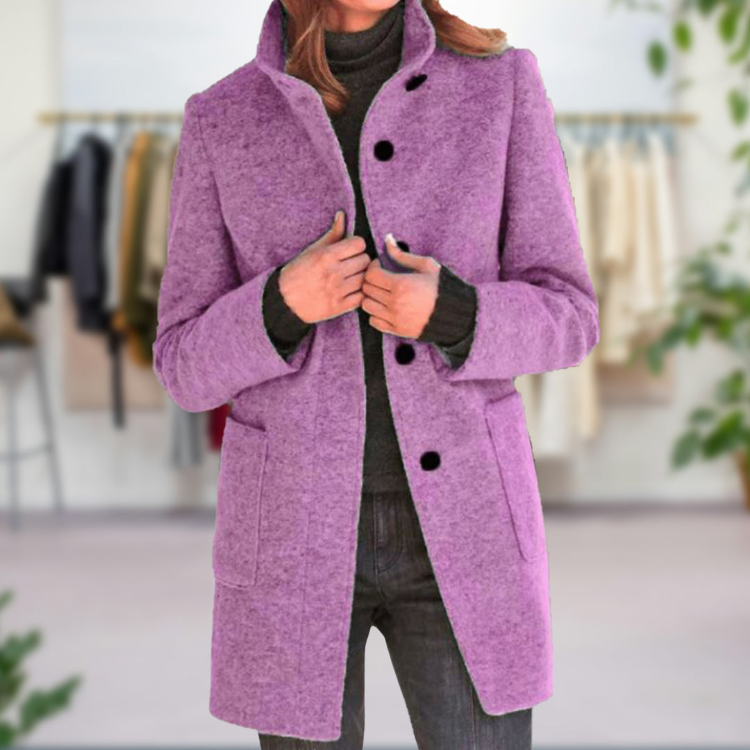 Single-Breasted Coat with High Neck Collar and Patch Pockets
