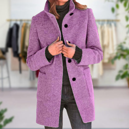 Single-Breasted Coat with High Neck Collar and Patch Pockets