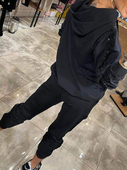 Hooded Tracksuit Set with Sequin Side Stripe and Elasticated Cuffs