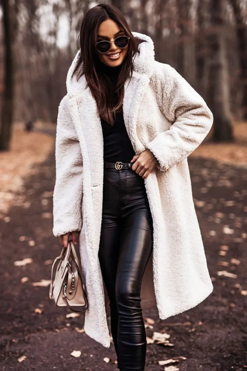 Long Teddy Coat with Hood and Button Closure