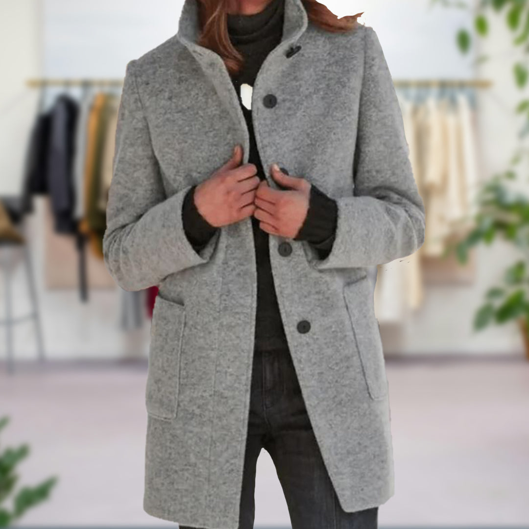 Single-Breasted Coat with High Neck Collar and Patch Pockets