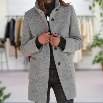 Single-Breasted Coat with High Neck Collar and Patch Pockets