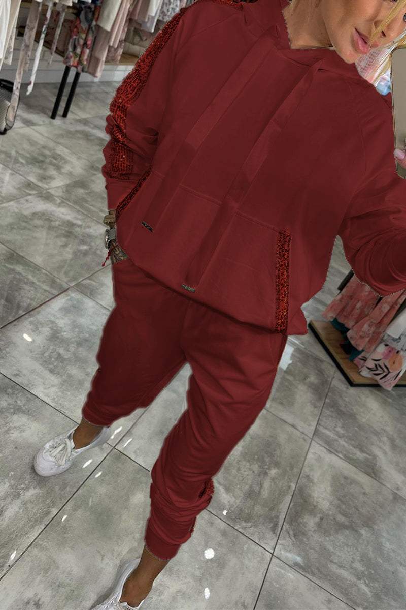 Hooded Tracksuit Set with Sequin Side Stripe and Elasticated Cuffs