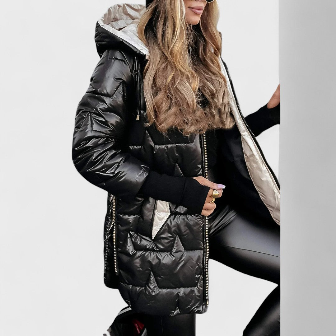 Padded Hooded Jacket with Zip Closure and High-Low Hem