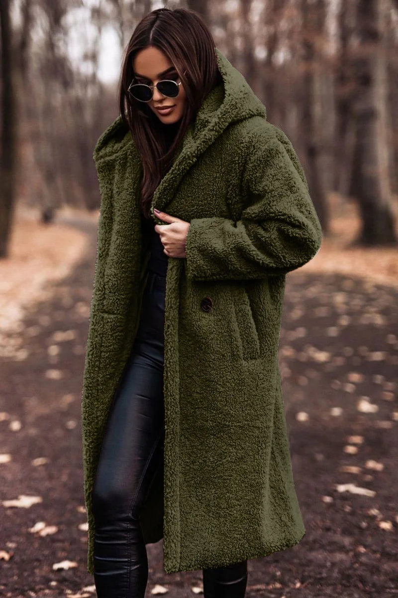 Long Teddy Coat with Hood and Button Closure