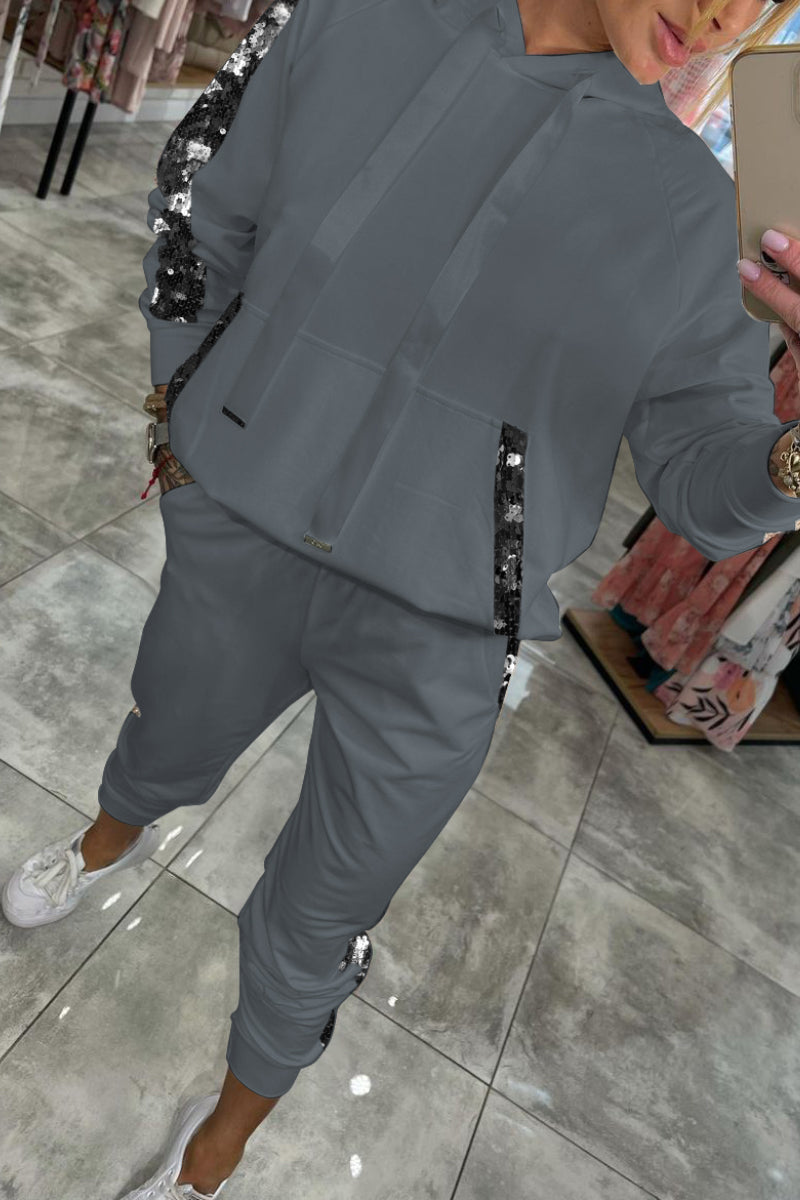 Hooded Tracksuit Set with Sequin Side Stripe and Elasticated Cuffs