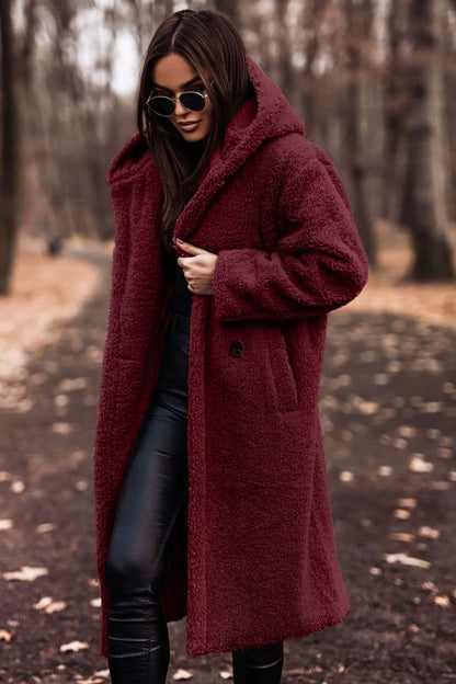 Long Teddy Coat with Hood and Button Closure