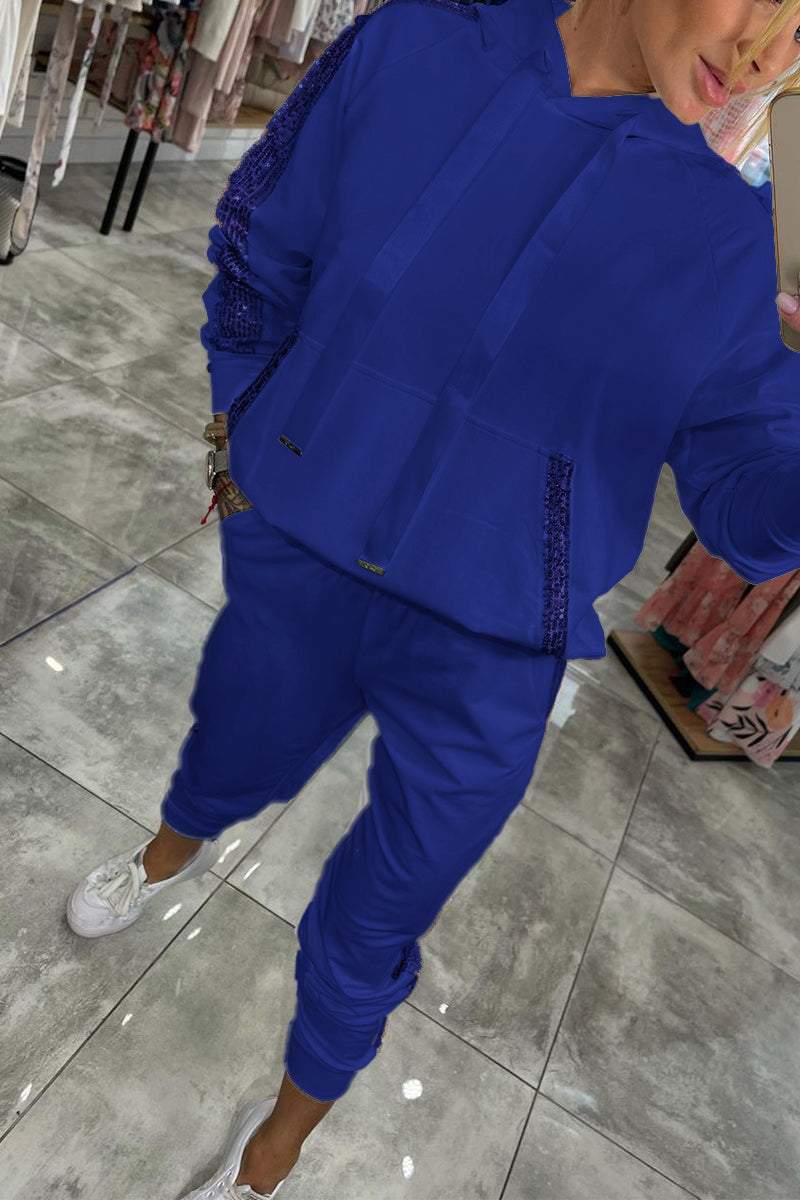 Hooded Tracksuit Set with Sequin Side Stripe and Elasticated Cuffs