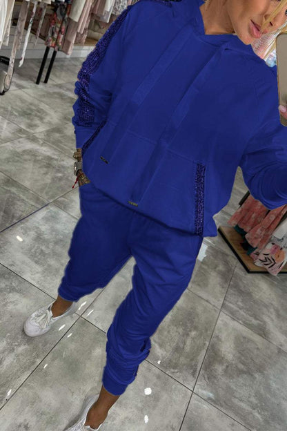 Hooded Tracksuit Set with Sequin Side Stripe and Elasticated Cuffs