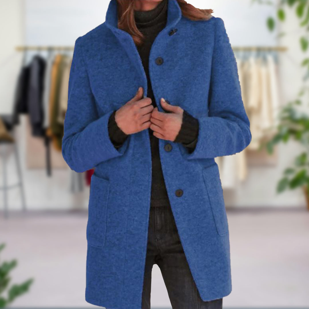 Single-Breasted Coat with High Neck Collar and Patch Pockets