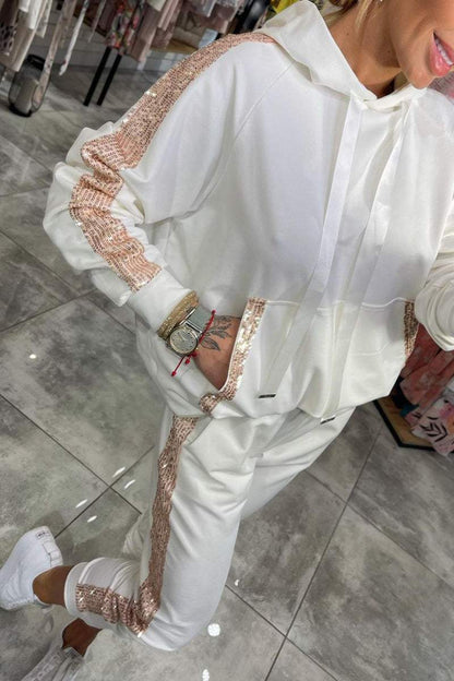 Hooded Tracksuit Set with Sequin Side Stripe and Elasticated Cuffs