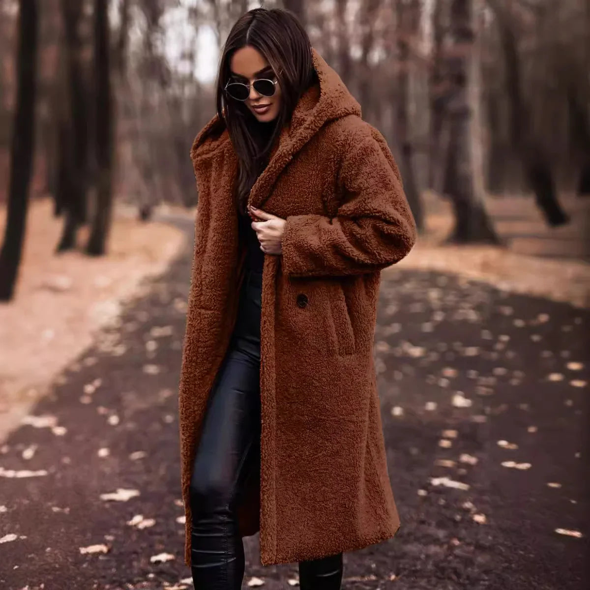 Long Teddy Coat with Hood and Button Closure