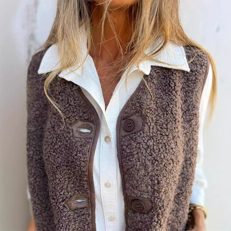Button-Front Sherpa Vest with Notch Collar and Side Pockets