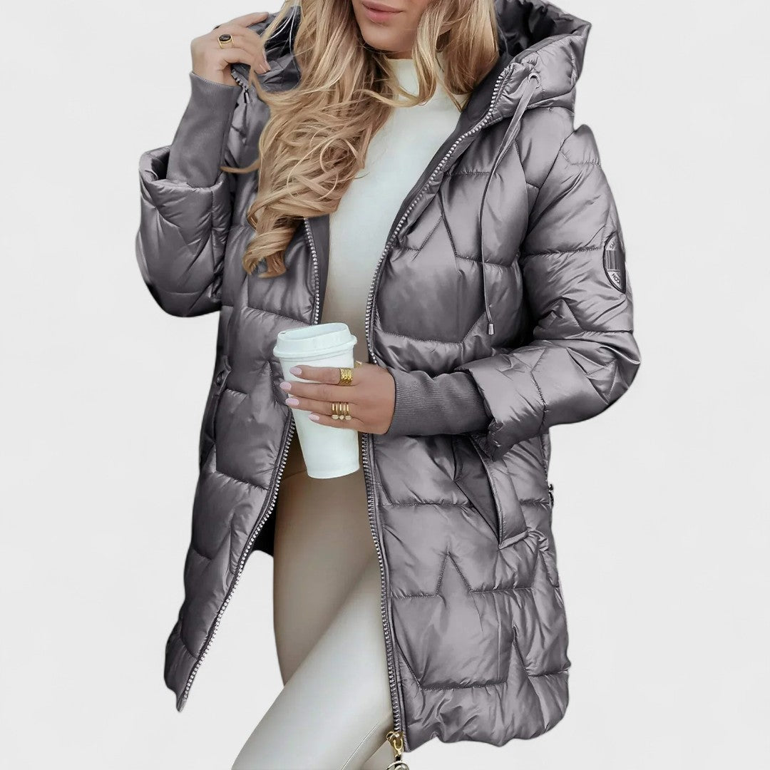 Padded Hooded Jacket with Zip Closure and High-Low Hem
