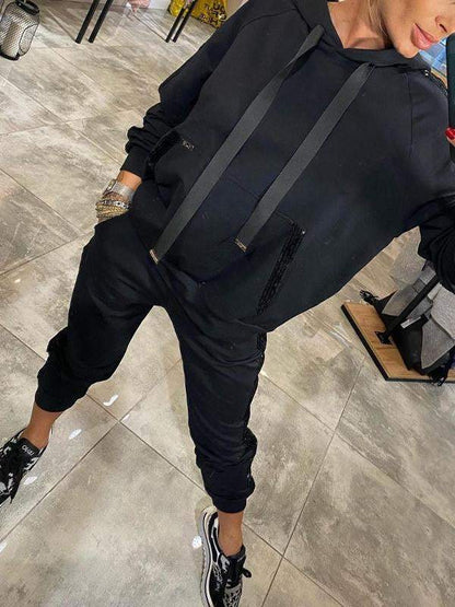 Hooded Tracksuit Set with Sequin Side Stripe and Elasticated Cuffs