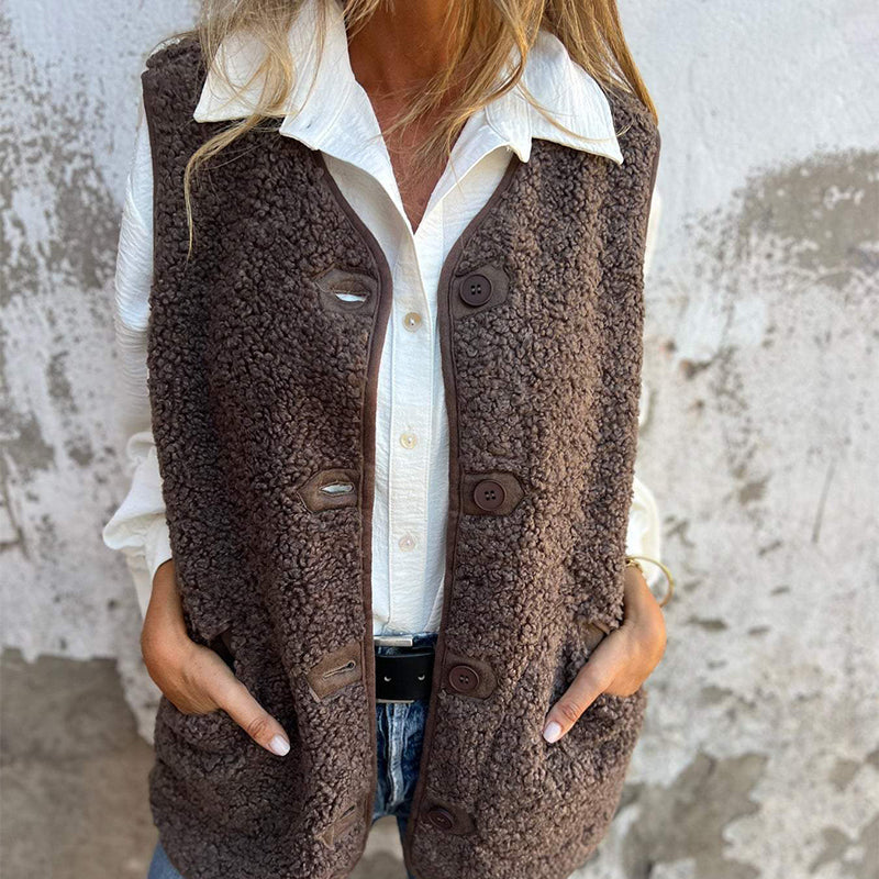 Button-Front Sherpa Vest with Notch Collar and Side Pockets